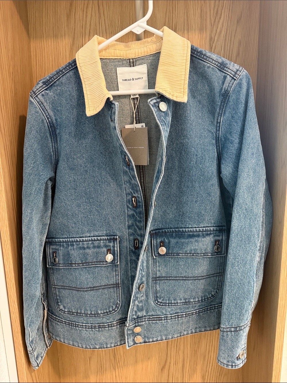 Thread & Supply Light Blue Denim Jacket with Cream Corduroy Collar